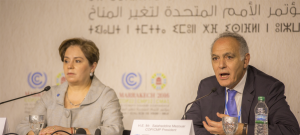 UNFCCC Executive Secretary Patricia Espinosa and COP22 President Salaheddine Mezouar addressing the opening press conference on November 6 in Bab Ighli before the official kick-off to the 22nd Conference of Parties (COP22). 